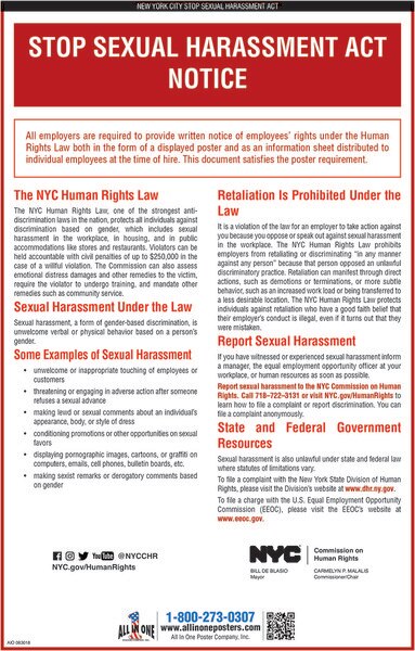 2022 New York City Sexual Harassment Act Notice Labor Law Poster 